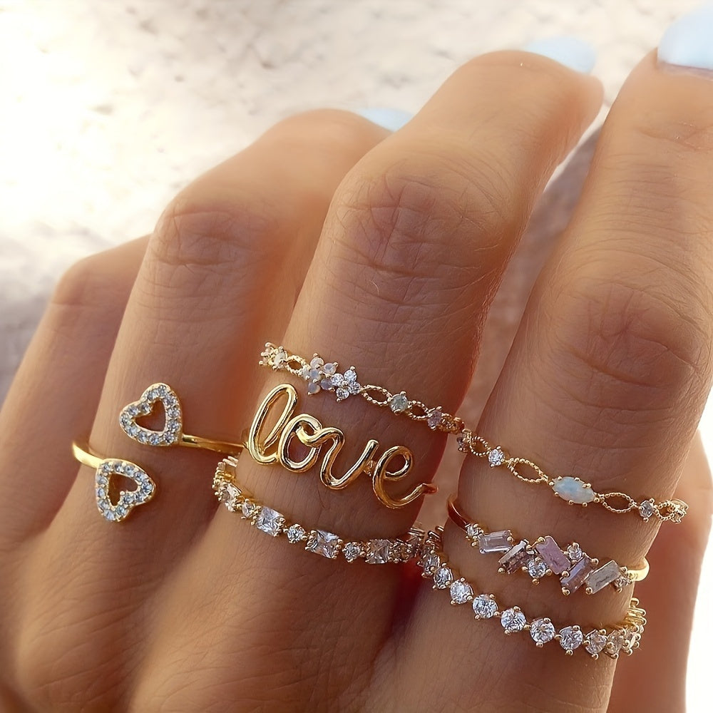 7-Piece Retro Bohemian Crystal Pearl Butterfly Golden Ring Set for Women - Vintage-Inspired Jewelry Collection with Butterfly-Shaped Accents, Pearl Embellishments, and Golden Plating - Perfect for Everyday Wear, Gift-Giving,